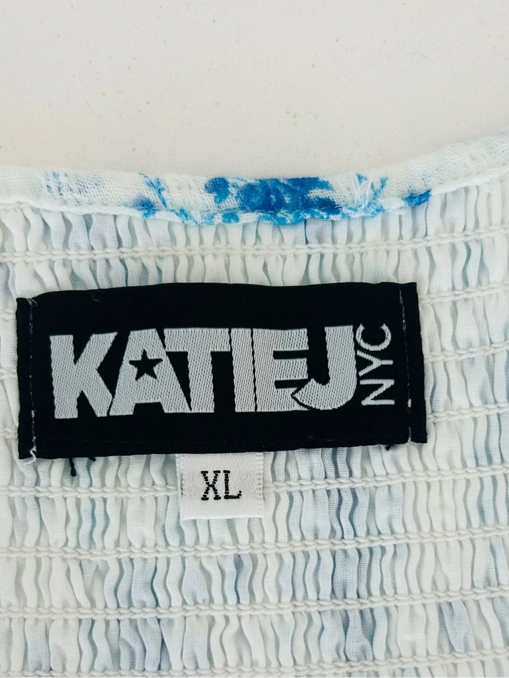 Katie J NYC White Dress with Blue Floral Ruffles